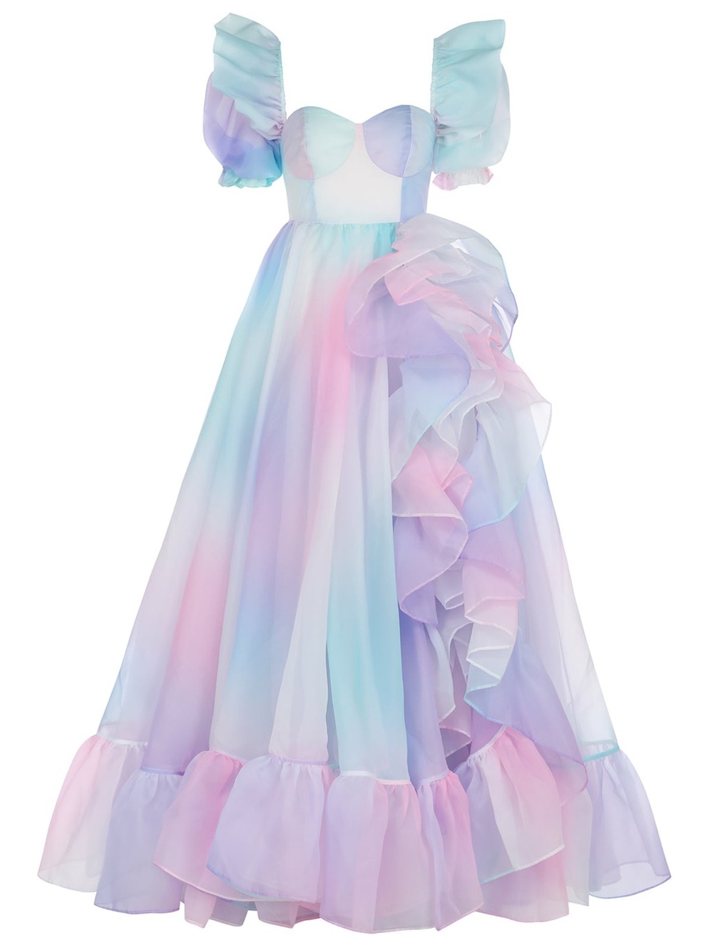 Selkie Pony Rose Bloom Gown Pastel Rainbow Organza Gown in Lavender, Pink & Blue